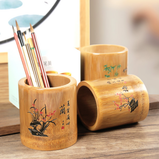 Bamboo Round Pen Container Office Desktop Creativity Ornaments